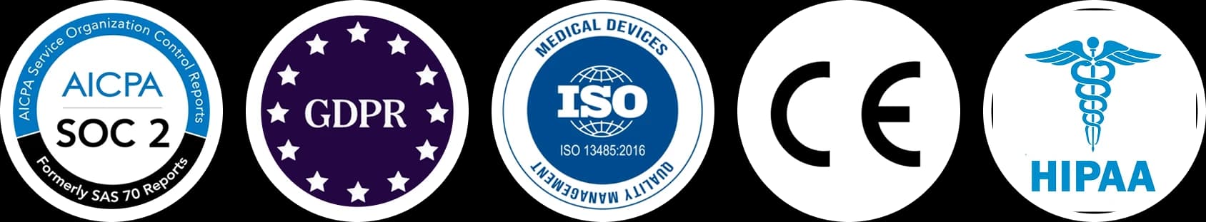 SOC 2 Type II, GDPR, ISO 13485:2016, CE mark and HIPAA compliance badges